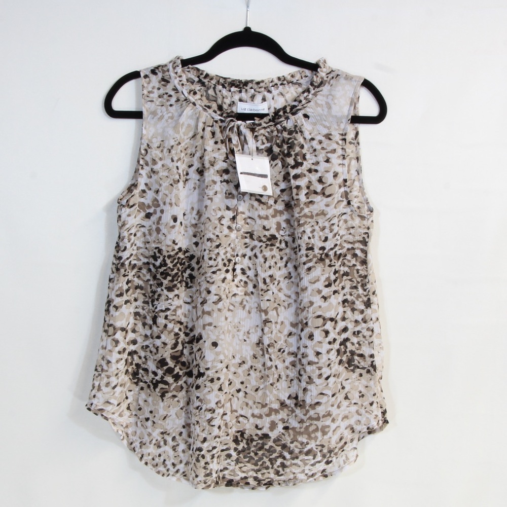 Liz Claiborne Walnut Henley Ruffle Neck Leopard Print Tank Blouse Size Medium